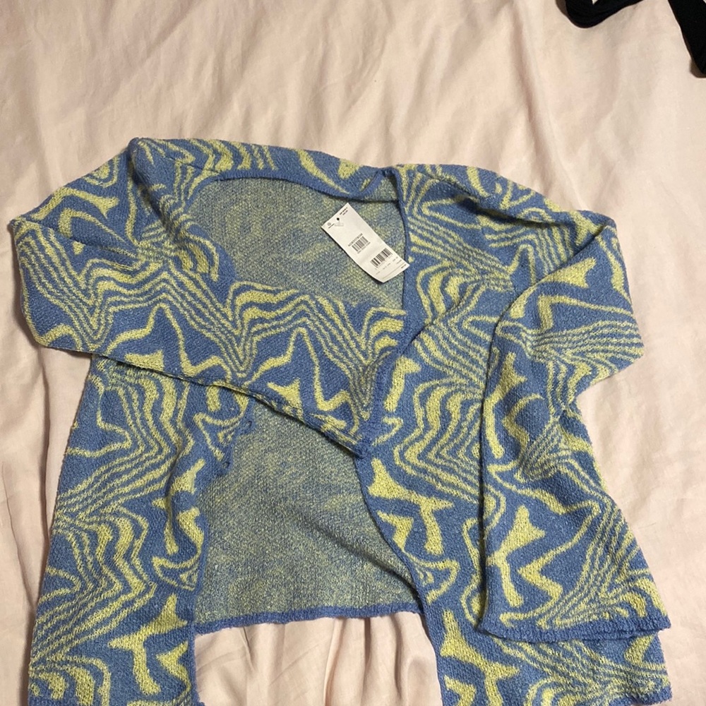 ASOS blue and green wavy abstract y2k knit sweater cardigan wide sleeve
